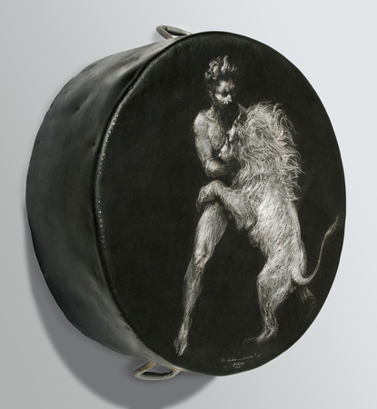 ROBERTO FABELO<br>
The Struggle Goes On<br> 
(<i>La Lucha Contin�a</i>), 2015<br>
drawing on metal cauldron<br>
32 � x 29 � x 9 inches

