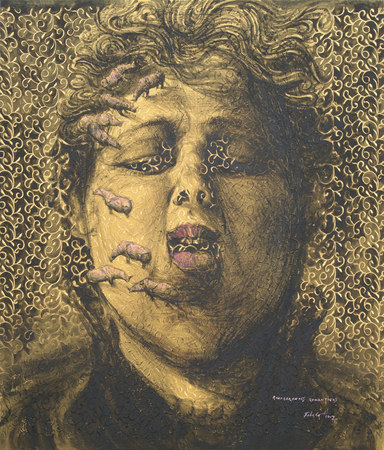 ROBERTO FABELO<br>
Romantic Rhinoceros<br>
(<i>Rinocerontes Rom�nticos</i>), 2017<br>
oil on silk<br>
54 x 45 inches