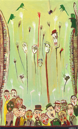 VICENTE HERNNDEZ<br>
Electoral Folklore <br>
(<i>Folclore Electoral</i>), 2017<br>
oil on canvas<br>
16 x 9  inches