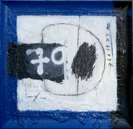 JORGE LUIS SANTOS<br>
Data Cleansing (from the series A-Z)<br>
(<i>Depuraci�n de Datos</i> (<i>de la serie A-Z</i>), 2016<br>
mixed media on canvas and wood<br>
28 � x 28 � inches