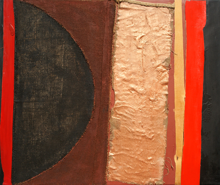 GILBERTO FR�META<br>
The Half Sphere <br>
(<i>La Media Esfera</i>), 2014<br>
mixed media collage on canvas<br>
39 � x 47 � inches