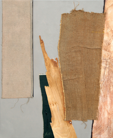 GILBERTO FR�META<br>
Golden Threads<br>
(<i>Dorados Hilos</i>), 2018<br>
collage on canvas<br>
39 � x 31 � inches