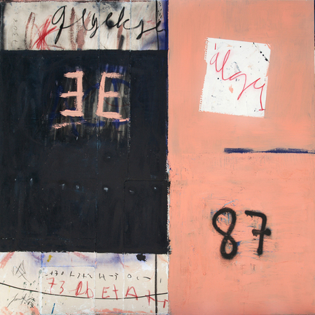 JORGE LUIS SANTOS<br>
Streaming Thoughts (from the series A-Z)<br>
(<i>Ideas en Flujo</i> (<i>de la serie A-Z</i>), 2018<br>
mixed media on canvas<br>
72 x 72 inches