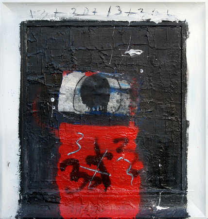 JORGE LUIS SANTOS<br>
Open Source (from the series A-Z)<br>
(<i>C�digo Abierto</i> (<i>de la serie A-Z</i>)), 2016<br>
mixed media on canvas and wood<br>
30 � x 28 � inches