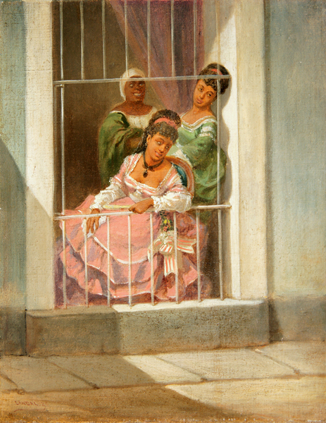 V�ctor Patricio Landaluze<br> Damas en la Ventana</br> (<i>Ladies by the Window</i>), ca 1860<br> oil on canvas</br> 13 1/2 x 10 3/4 inches