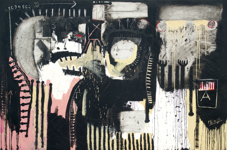 JUAN ROBERTO DIAGO (b. 1971) <br>
Scream <br>
(<i>Grito</i>), 1997 <br>
oil and collage on canvas <br>
78 ⅜ x 117  inches
