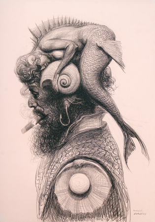 ROBERTO FABELO (b.1950) <br>
Daydreaming <br>
(<i>Ensoacin</i>), 2016 <br>
mixed media on heavy paper <br>
laid down on board <br>
39 ⅜ x 27  inches 
