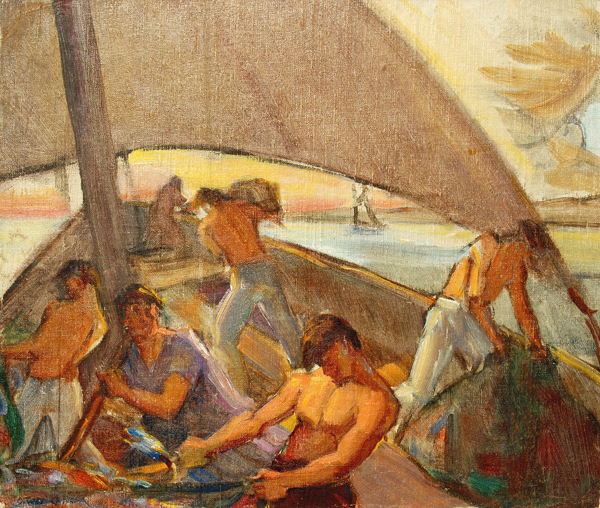 Oscar Garc�a Rivera<br> Escena Marinera</br> (Marine Scene), ca 1950<br> oil on cardboard</br> 12 1/2 x 14 1/2 inches
