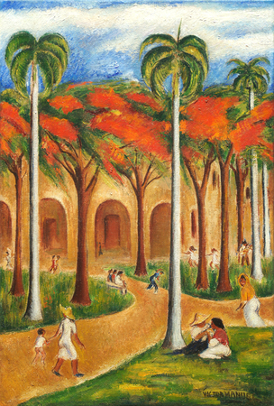 VCTOR MANUEL GARCA (1897 1969) <br>
Landscape with Couples<br>
(<i>Parejas en el Paisaje</i>), ca. 1940 <br>
oil on canvas <br>
28  x 19 inches