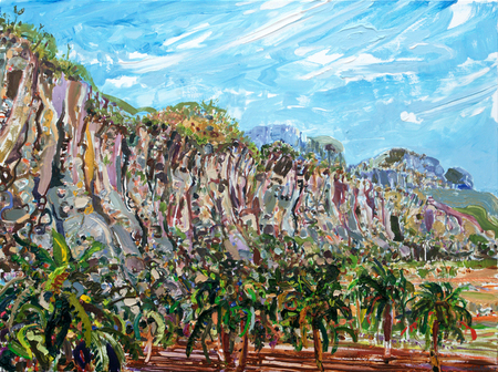 LILIAN GARCIA-ROIG (b. 1966) <br>
Cave of the Cow Mogote Hill with Palm Trees (Reconstructed Sights)<br> 
(<i>Cueva de la Vaca con Palmas (Vistas Reconstruidas)</i>), 2018 <br>
oil on canvas <br>
36 x 48 inches
