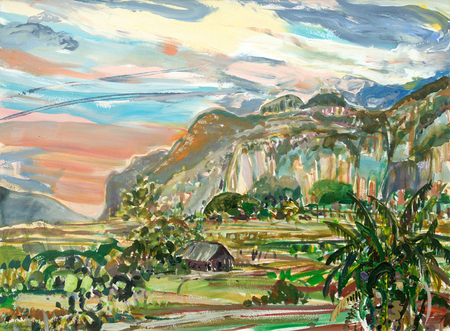 LILIAN GARCIA-ROIG (b. 1966) <br>
Bucolic Viñales Valley with Sunset and Dry Plain (Made in Cuba)<br>
(<i>Escena Bucólica de Viñales con Atardecer y Secadero (Hecho en Cuba)</i>), 2017 <br>
acrylic on heavy paper laid down on wood <br>
22 x 30 inches