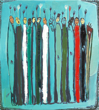 VICENTE HERN�NDEZ (b. 1971) <br>
Another Unanimous Vote <br>
(<i>Otro Voto Un�nime</i>), 2017 <br>
oil on canvas <br>
15 x 14 � inches