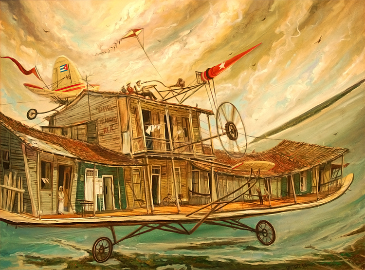 VICENTE HERN�NDEZ (b. 1971) <br>
Flight of Traditions <br>
(<i>Sobrevuelvo de Tradiciones</i>), 2004 <br>
mixed media on canvas<br>
23 �  x 31 �  inches
