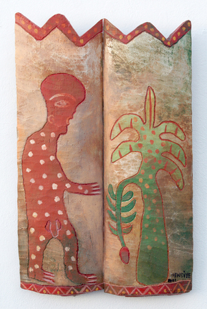 MANUEL MENDIVE (b. 1944) <br>
Chang and the Plantain Tree <br>
(<i>Chang y La Mata de Pltano</i>), 2001 <br>
one-of-a-kind carved polychromed palm tree sculpture <br>
25 x 16 x 1  inches
