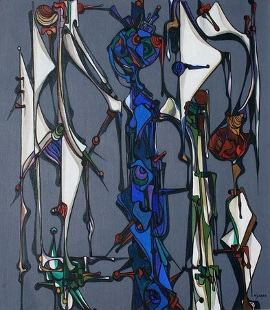 JOS� MIJARES (1921�2004) <br>
Figures <br>
(<i>Figuras</i>), ca. 1980 <br>
oil on canvas <br>
39 �  x 34 �  inches 
