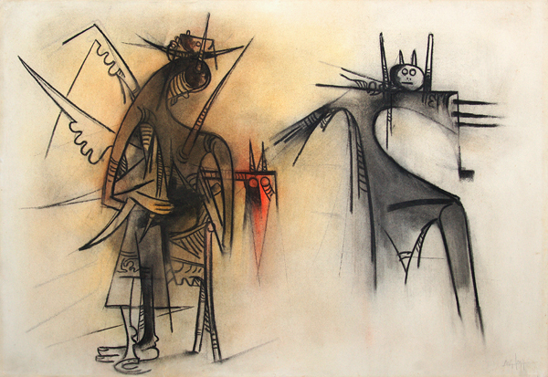 Wifredo Lam <br> Di�logo Secreto </br> (<i>Secret Dialogue</i>), 1960 <br> pastel on paper laid down on board</br>27 � x 39 � inches
<br></br>
<i>Provenance</i>: <br>
Private Collection, Milan, Italy </br><br>

This artwork is accompanied by a photo certificate of authenticity signed by the artist, number 11B262. </br><br>

This artwork is illustrated in Michelle Leiris, Wifredo Lam, 1970, Harry N. Abrams, Inc. Publishers.</br>
