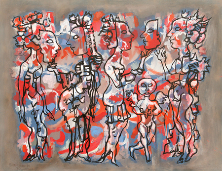 REN PORTOCARRERO (1912  1985) <br>
Masked Figures from the Carnival Series <br>
(<i>Figuras Enmascaradas de la Serie de Carnavales</i>), 1970 <br>
mixed media on heavy paper laid down on board <br>
19  x 25  inches
