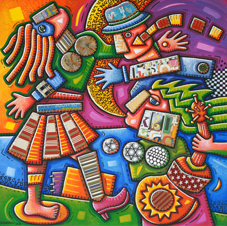 ALFREDO SOSABRAVO (b. 1930) <br>
Frenzy <br>
(<i>Frenes</i>), 2012 <br>
acrylic and collage on canvas <br>
46  x 46  inches
