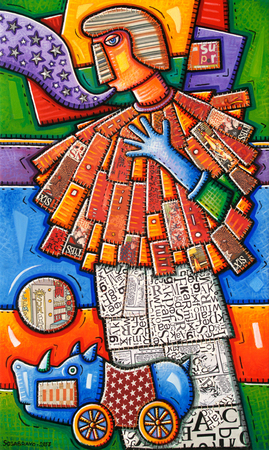 ALFREDO SOSABRAVO (b. 1930) <br>
The Singer <br>
(<i>La Cantante</i>), 2017 <br>
acrylic and collage on canvas <br>
63 x 38  inches 
