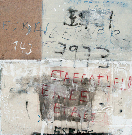 JORGE LUIS SANTOS (b. 1973) <br>
Network Connection (from the series A-Z) <br>
(<i>Conexi�n de Red (de la serie A-Z)</i>), 2017 <br>
mixed media collage on canvas <br>
72 x 72 inches
