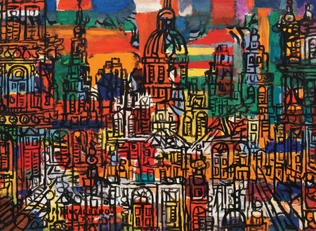 Ren Portocarrero<br>Ciudad de La Habana<br>(<i>City of Havana</i>), 1970<br>oil on masonite<br>21 1/2 x 29 1/4 inches