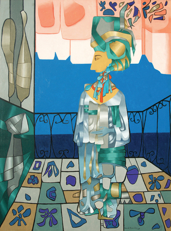 Cundo Bermdez<br>Mujer en Fondo Azul y Rosa II<br>(<i>Woman in Blue and Rose Background II</i>), 1989<br>oil on canvas<br>48 x 36 inches