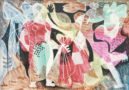 Mario Carreo<br>Figuras con Pescado<br>(<i>Figures with Fish</i>), 1948<br>tempera on paper<br>11 x 15 inches