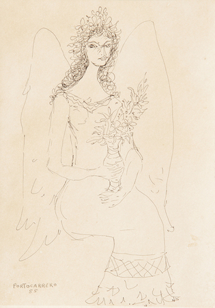 Ren Portocarrero<br>Angel con Florero<br>(<i>Angel with Flower Vase</i>), 1955<br>ink on heavy paper laid down on board<br>13 1/4 x 9 1/2 inches