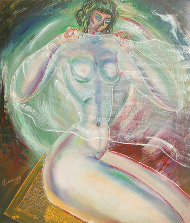 Carlos Enrquez<br>Desnudo Velado en el Ro, Eva Frjaville<br>(<i>Veiled Nude in the River, Eva Frjaville</i>), 1955<br>oil on canvas<br>24 x 20 inches</br><br>This painting is illustrated in the book by Juan Martnez, Carlos Enrquez: The Painter of Cuban Ballads, 2010, in color, page 252.