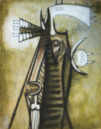 Wifredo Lam<br>Rostro con Mscara y Elegu<br>(<i>Face with Mask and Eleggu</i>), 1947<br>oil on canvas<br>21 1/2 x 17 inches</br><br>This painting is illustrated in Wifredo Lam: Catalogue Raisonn of the Painted Work, Volume I, 1923-1960, Acatos, Project Director: Eskil Lam, page 393, no. 47.13 and on page 196 in a photograph of Lam and the painting in the artist's studio.</br><br>This painting is also illustrated in Wifredo Lam in North America,
with essays by Curtis L. Carter, Lowery Stokes Sims, Dawn Ades,Valerie J. Fletcher, Edward Lucie-Smith and Lou Laurin Lam, published by the Haggerty Museum of Art, Marquette University,
Milwaukee, Wisconsin, page 113, no. 39.</br><br>
This painting was exhibited in Wifredo Lam in North America at the Haggerty Museum of Art, Marquette University, Milwaukee, Wisconsin, October 11, 2007 to January 21, 2008; was then
exhibited at Miami Art Museum, Miami, Florida, February 8, 2008 to May 18, 2008; exhibited at Museum of Latin American Art, Long Beach, California, June 12 to August 31, 2008, and
exhibited at Salvador Dal Museum, St. Petersburg, Florida, October 2, 2008 to January 10, 2009.