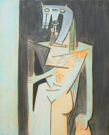 Wifredo Lam<br>Mujer de Pie<br>(<i>Standing Woman</i>), 1944<br>mixed media on paper laid down on canvas<br>42 x 33 3/4 inches</br><br>
Exhibited in <i>Lam</i>, Galleria Ferrari, Treviglio, Italy, 1988, and illustrated in the exhibition catalog.</br><br>Exhibited in <i>Wifredo Lam, Un Percorso</i>, Galleria Gruppo Credito Valtellinese, Refettorio delle Stelline, Milano, Italy,November 2002, and at Museo di Storia e Arte, Palazzo Sassi de Lavizzari, Sondrio, Italy, January 2003.</br><br>Illustrated in the exhibition catalog, <i>Wifredo Lam, Cuba Italia. Un Percorso</i>, Silvanna Editoriale, 2002, page 63.
Exhibited in <i>Wifredo Lam, LOiseau du Possible</i>, Galerie Boulakia, May 2004, and illustrated in the exhibition catalog, page 47.</br><br>This painting is illustrated in <i>Wifredo Lam: Catalogue Raisonn of the Painted Work, Volume I, 1923-1960</i>, Acatos, Project Director: Eskil Lam, page 342, no. 44.07.</br><br>This painting is accompanied by a photo-certificate of authenticity signed by Lou Laurin Lam, dated May 11, 2011 and no. 11.11.