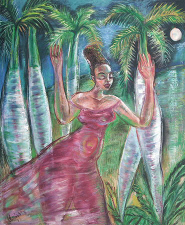 Carlos Enrquez<br>Mulata a la Luz de la Luna<br>(<i>Mulatto Woman Under the Moonlight</i>), 1952<br>oil on canvas<br>29 1/4 x 24 inches</br></br>This painting was exhibited at Christies Latin American Art auction, November 21, 1995, and illustrated in the corresponding catalog, No. 208.<br></br>Illustrated in the book by Juan Martnez, Carlos Enrquez: The Painter of Cuban Ballads, 2010, page 222.