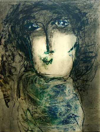 Gina Pelln<br>Mujer en Negro No.2<br>(<i>Woman in Black No.2</i>), 2008<br>mixed media on heavy paper laid down on canvas<br>28 1/2 x 21 inches